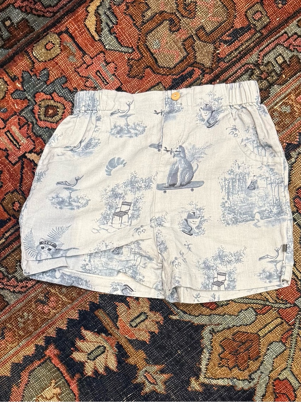 Oeuf Blue Toile-Patterned Linen Shorts Size 6-7 years